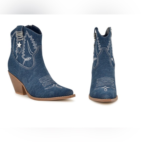 Nine West Nallas Western Booties Heeled ✨ Dark Blue Denim Size 9 | star country - Picture 10 of 15